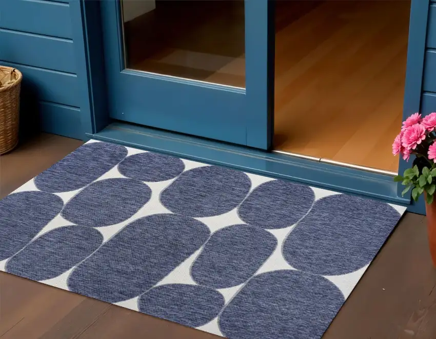 Navy Blue And Cream Geometric Indoor Outdoor Area Rug Photo 1