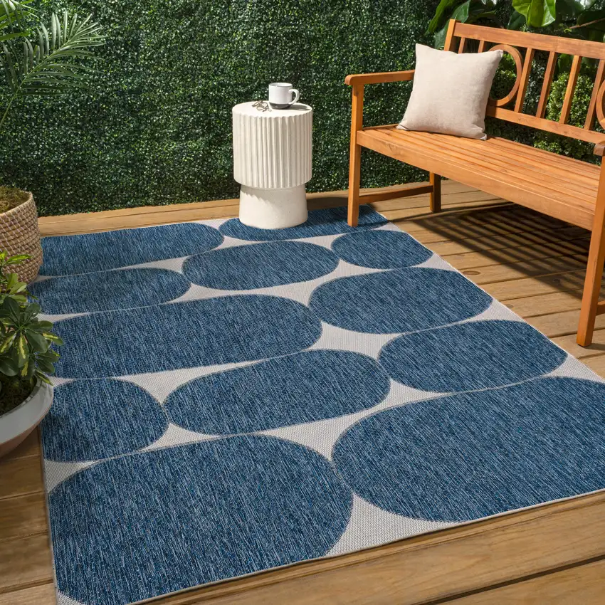Navy Blue And Cream Geometric Indoor Outdoor Area Rug Photo 6
