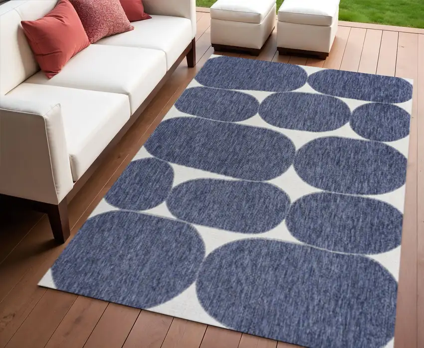 Navy Blue And Cream Geometric Indoor Outdoor Area Rug Photo 1