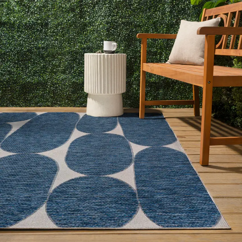 Navy Blue And Cream Geometric Indoor Outdoor Area Rug Photo 8