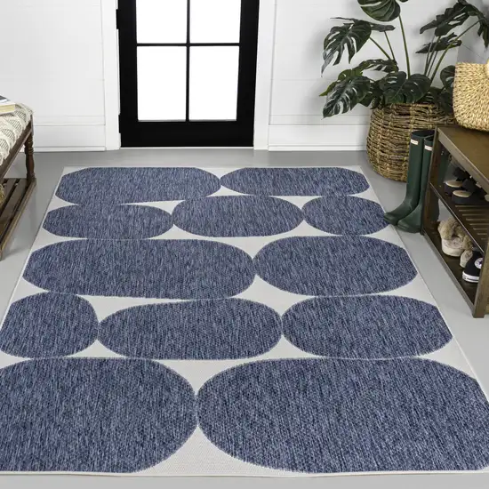 Navy Blue And Cream Geometric Indoor Outdoor Area Rug Photo 5