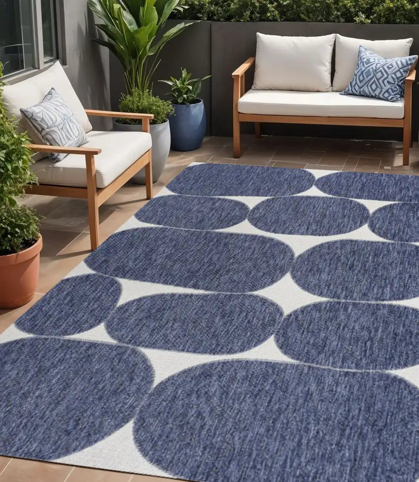 Navy Blue And Cream Geometric Indoor Outdoor Area Rug Photo 1
