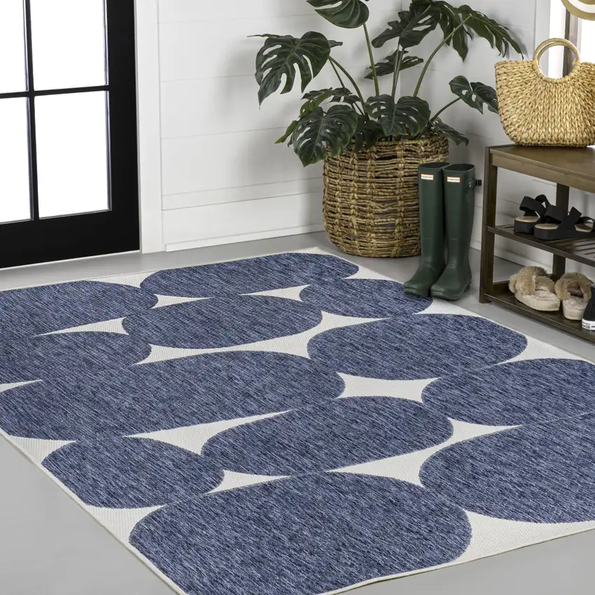 Navy Blue And Cream Geometric Indoor Outdoor Area Rug Photo 5
