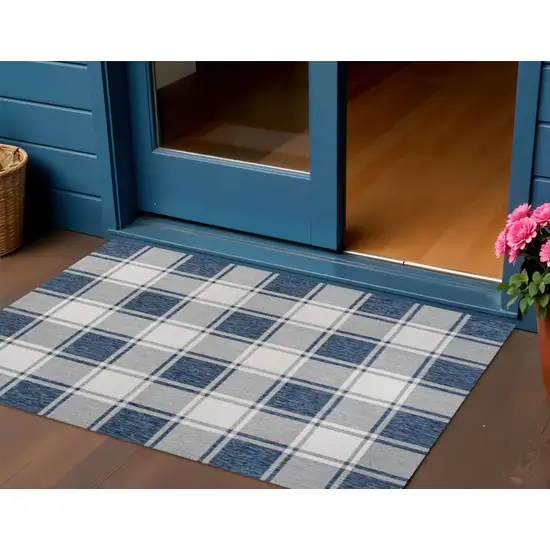 Navy Blue And Cream Gingham Indoor Outdoor Area Rug Photo 1