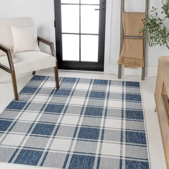 Navy Blue And Cream Gingham Indoor Outdoor Area Rug Photo 3