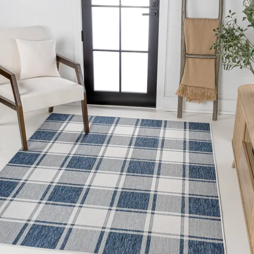 Navy Blue And Cream Gingham Indoor Outdoor Area Rug Photo 3
