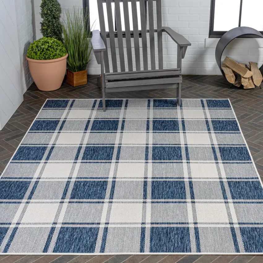 Navy Blue And Cream Gingham Indoor Outdoor Area Rug Photo 8
