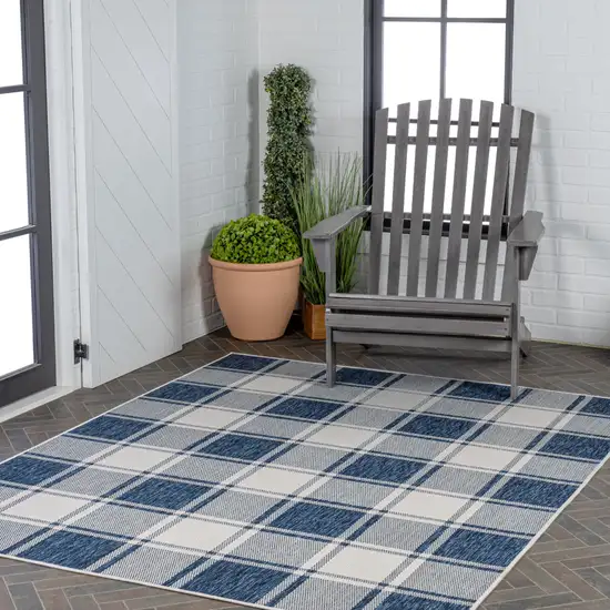Navy Blue And Cream Gingham Indoor Outdoor Area Rug Photo 9