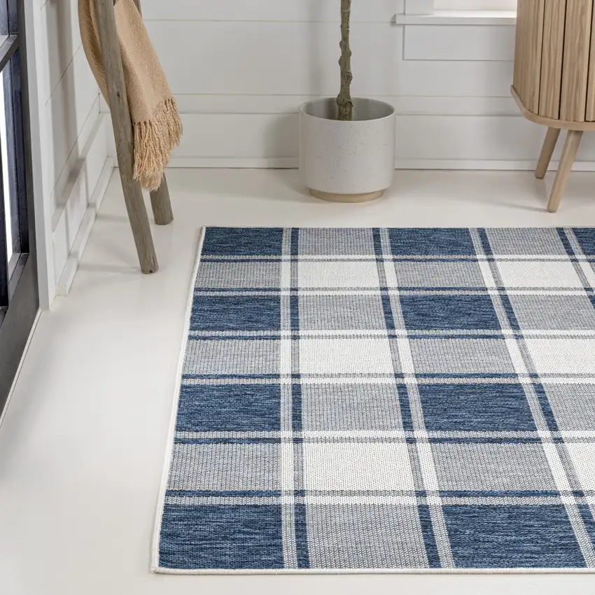Navy Blue And Cream Gingham Indoor Outdoor Area Rug Photo 4