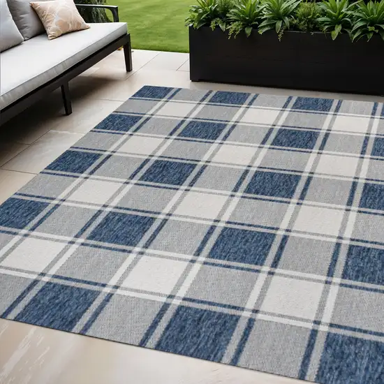 Navy Blue And Cream Gingham Indoor Outdoor Area Rug Photo 1