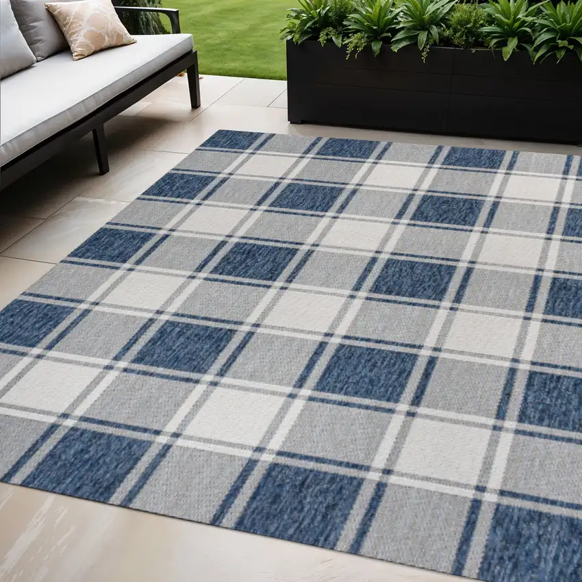 Navy Blue And Cream Gingham Indoor Outdoor Area Rug Photo 1