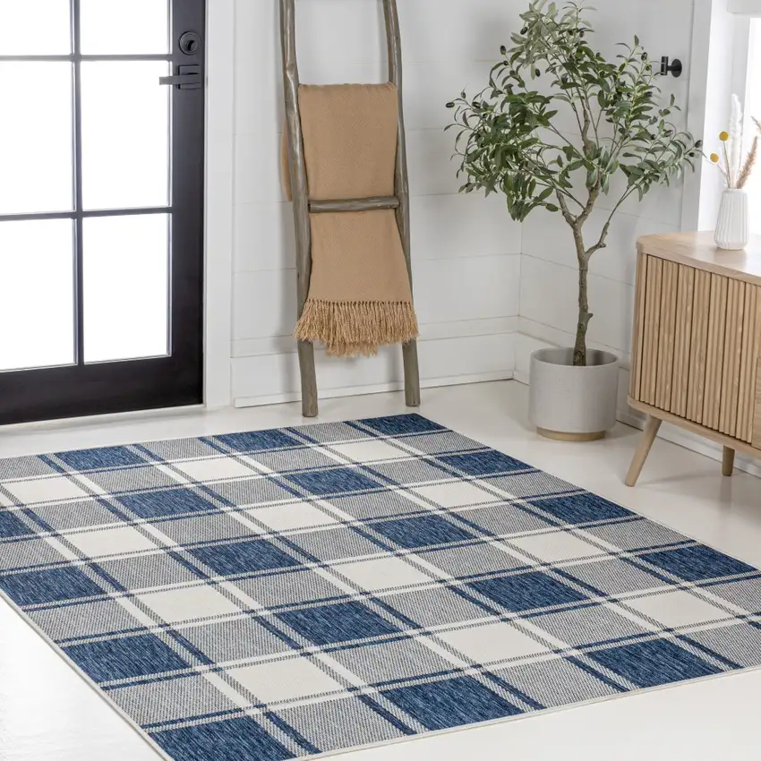 Navy Blue And Cream Gingham Indoor Outdoor Area Rug Photo 7