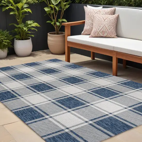 Navy Blue And Cream Gingham Indoor Outdoor Area Rug Photo 1