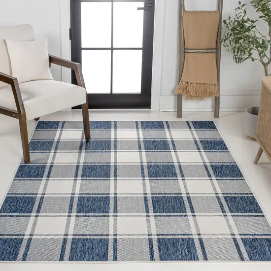 Navy Blue And Cream Gingham Indoor Outdoor Area Rug Photo 6