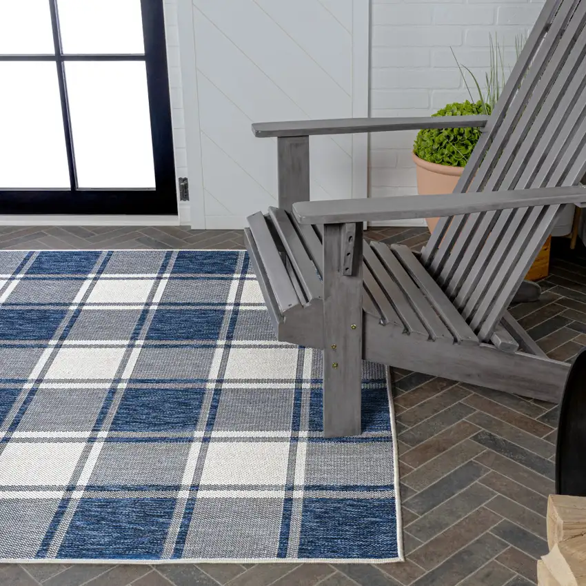 Navy Blue And Cream Gingham Indoor Outdoor Area Rug Photo 8