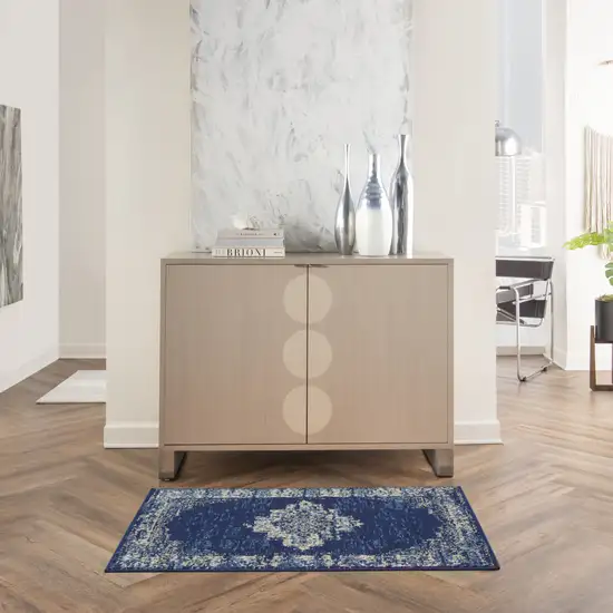 Navy Blue And Cream Medallion Distressed Area Rug Photo 5