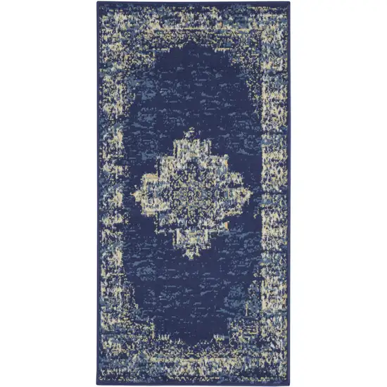 Navy Blue And Cream Medallion Distressed Area Rug Photo 4