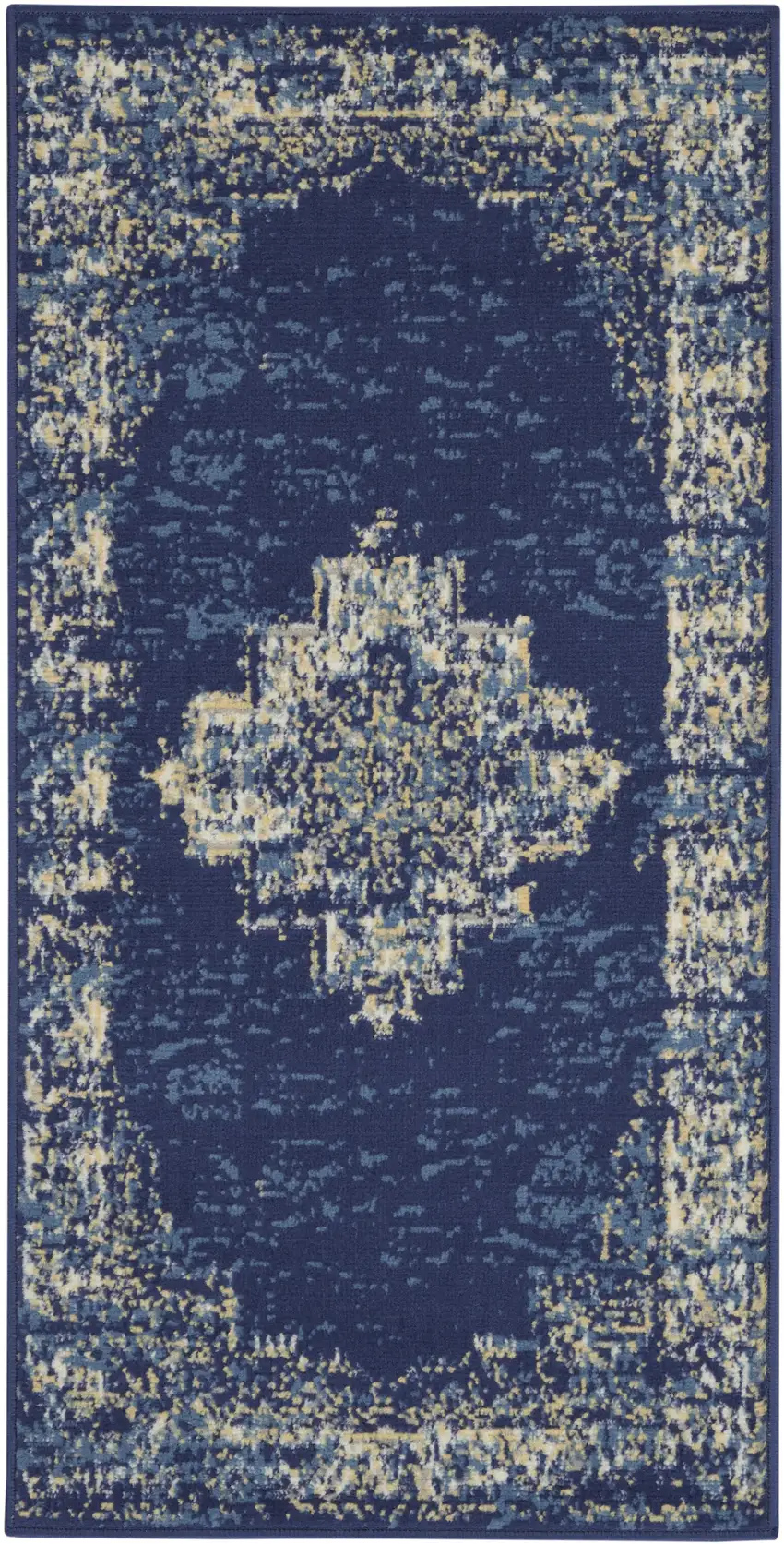 Navy Blue And Cream Medallion Distressed Area Rug Photo 4