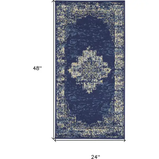 Navy Blue And Cream Medallion Distressed Area Rug Photo 3