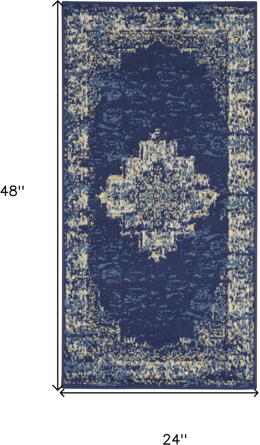 Navy Blue And Cream Medallion Distressed Area Rug Photo 3