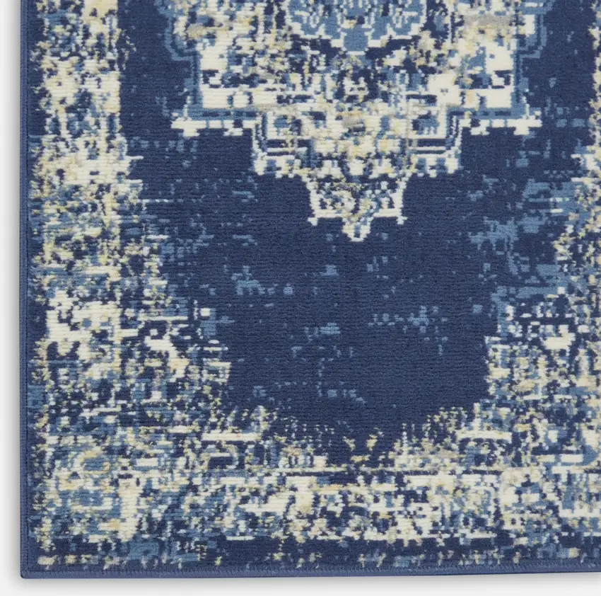 Navy Blue And Cream Medallion Distressed Area Rug Photo 9