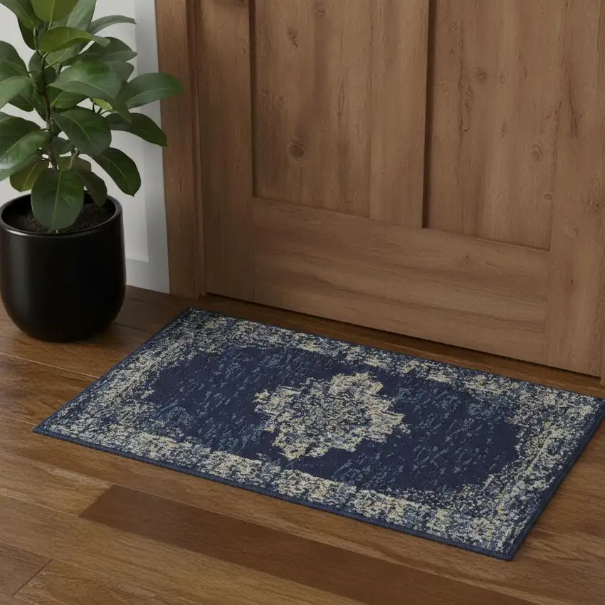 Navy Blue And Cream Medallion Distressed Area Rug Photo 1