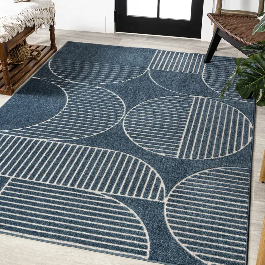 Navy Blue And Cream Striped Indoor Outdoor Area Rug Photo 6