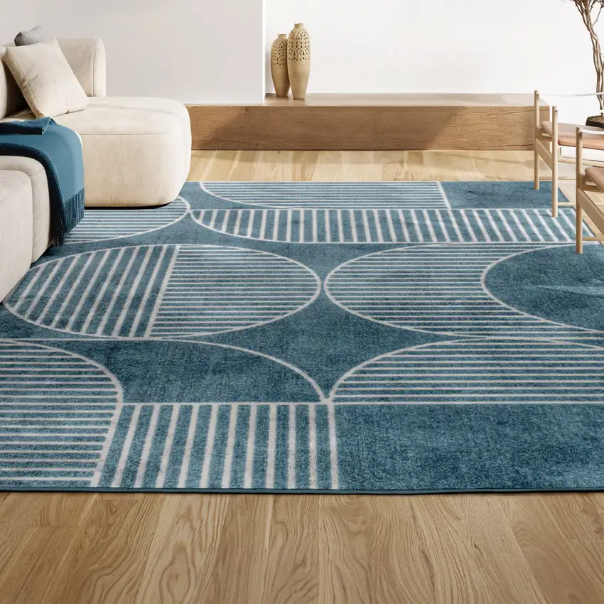 Navy Blue And Cream Striped Indoor Outdoor Area Rug Photo 5