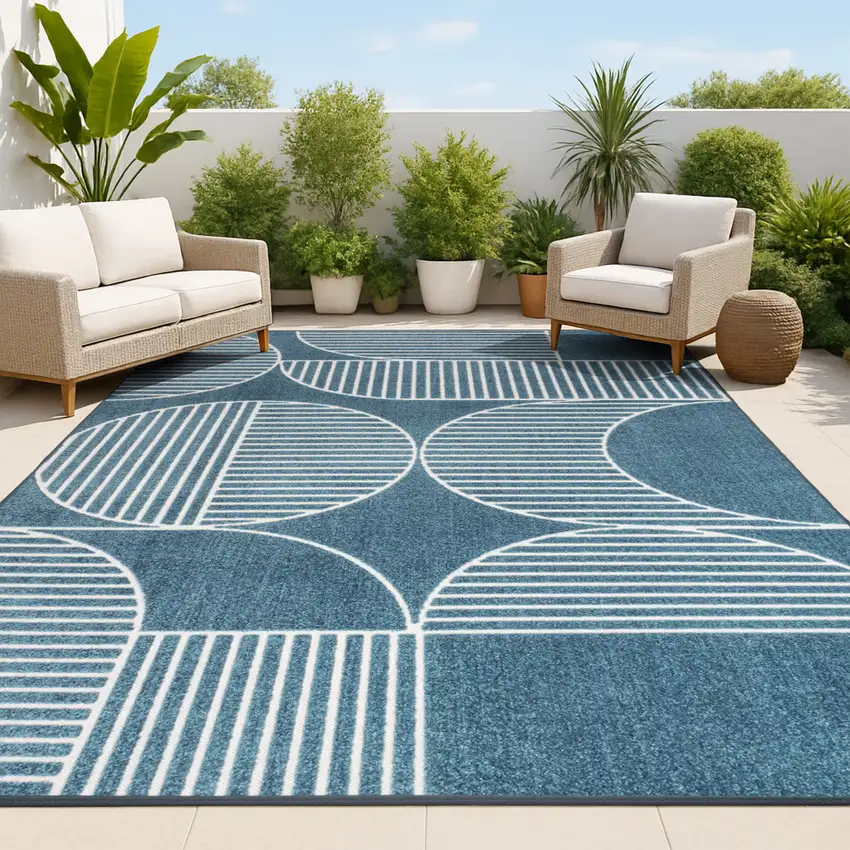Navy Blue And Cream Striped Indoor Outdoor Area Rug Photo 4