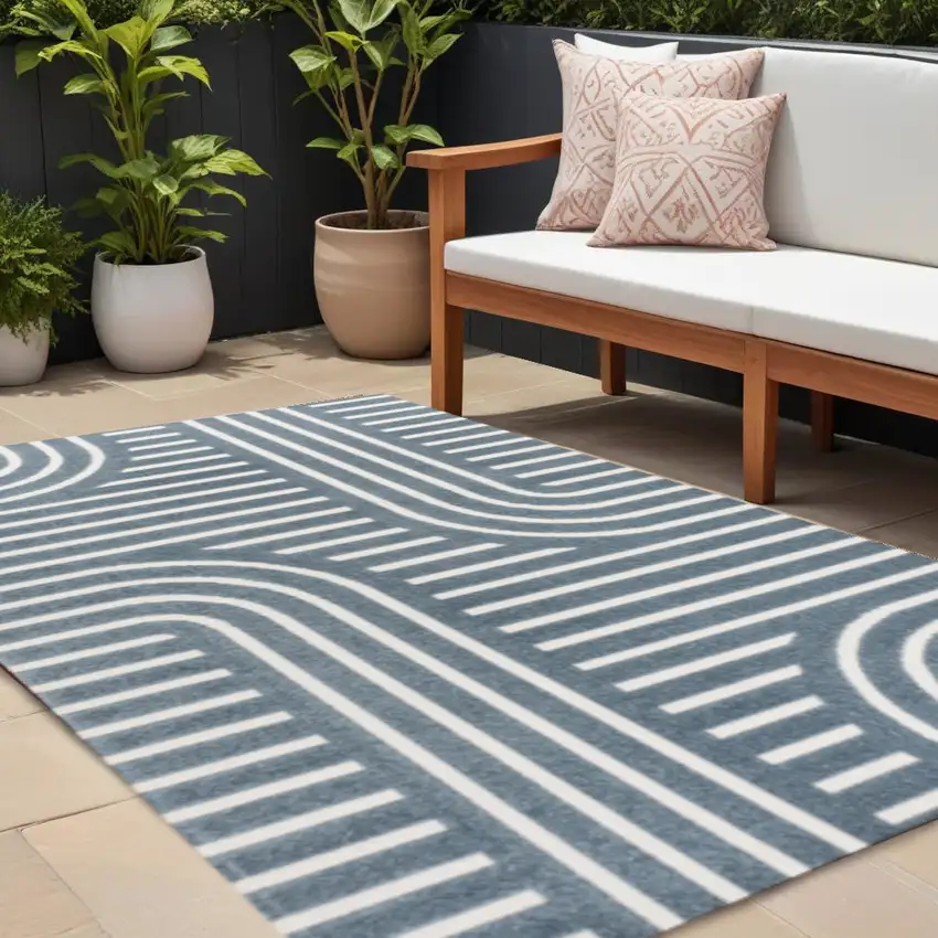 Navy Blue And Cream Striped Indoor Outdoor Area Rug Photo 1