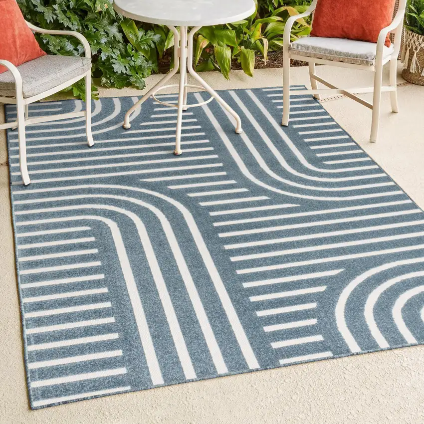 Navy Blue And Cream Striped Indoor Outdoor Area Rug Photo 8