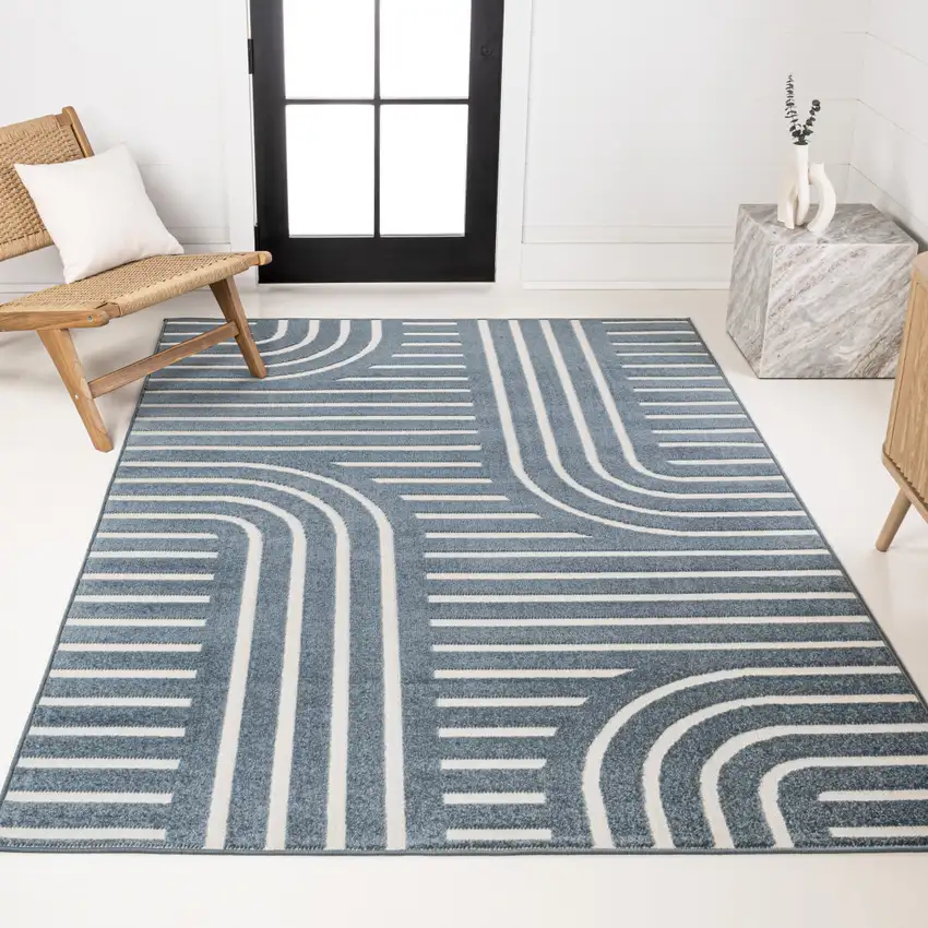 Navy Blue And Cream Striped Indoor Outdoor Area Rug Photo 6