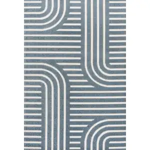 Photo of Navy Blue And Cream Striped Indoor Outdoor Area Rug
