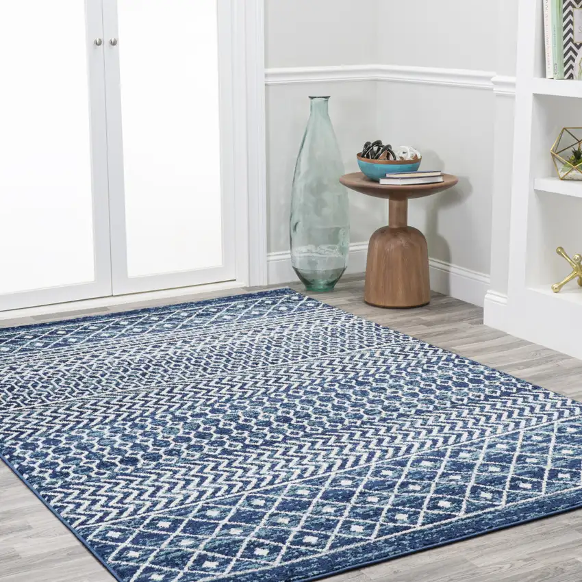 Navy Blue And Cream Trellis Area Rug Photo 5