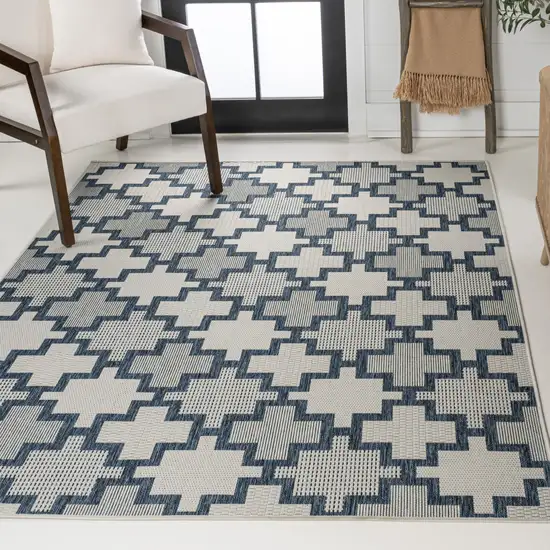 Navy Blue And Cream Trellis Indoor Outdoor Area Rug Photo 5