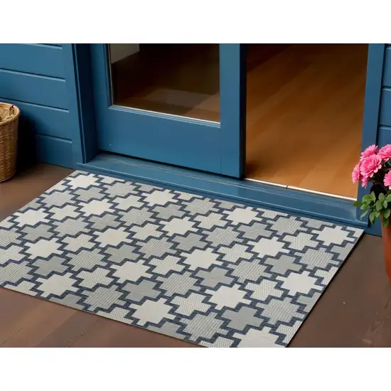 Navy Blue And Cream Trellis Indoor Outdoor Area Rug Photo 1