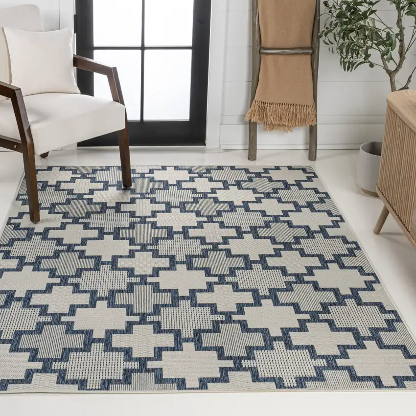 Navy Blue And Cream Trellis Indoor Outdoor Area Rug Photo 7