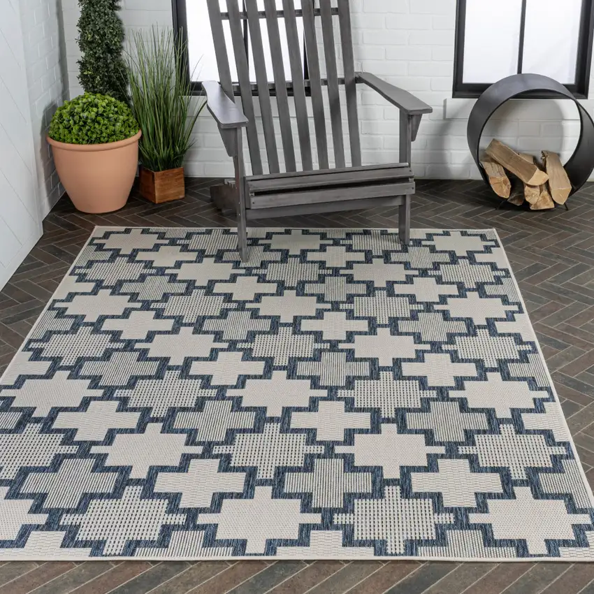 Navy Blue And Cream Trellis Indoor Outdoor Area Rug Photo 9