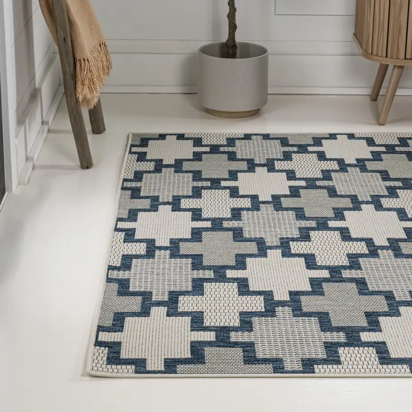Navy Blue And Cream Trellis Indoor Outdoor Area Rug Photo 6