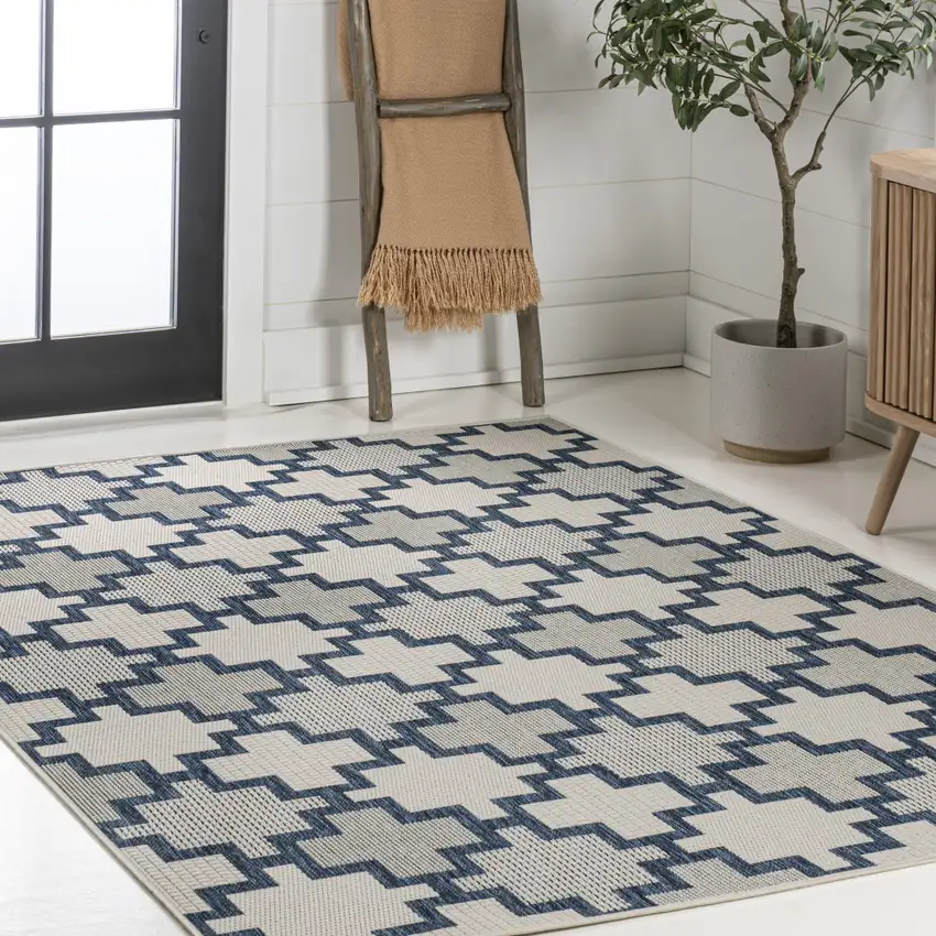 Navy Blue And Cream Trellis Indoor Outdoor Area Rug Photo 8