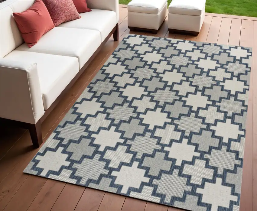 Navy Blue And Cream Trellis Indoor Outdoor Area Rug Photo 1