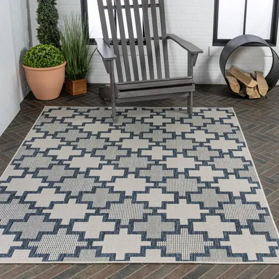 Navy Blue And Cream Trellis Indoor Outdoor Area Rug Photo 9