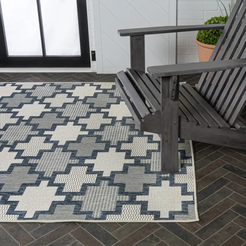 Navy Blue And Cream Trellis Indoor Outdoor Area Rug Photo 9