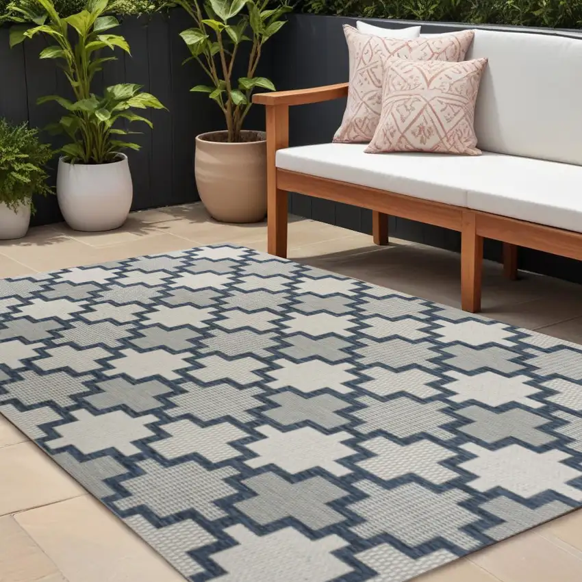 Navy Blue And Cream Trellis Indoor Outdoor Area Rug Photo 1
