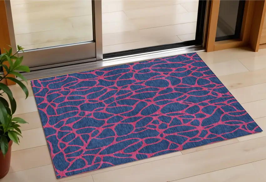 Navy Blue And Dark Pink Geometric Washable Indoor Outdoor Area Rug Photo 1