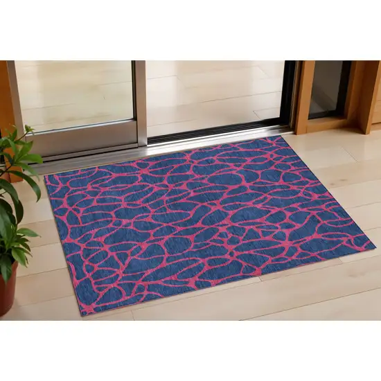 Navy Blue And Dark Pink Geometric Washable Indoor Outdoor Area Rug Photo 1