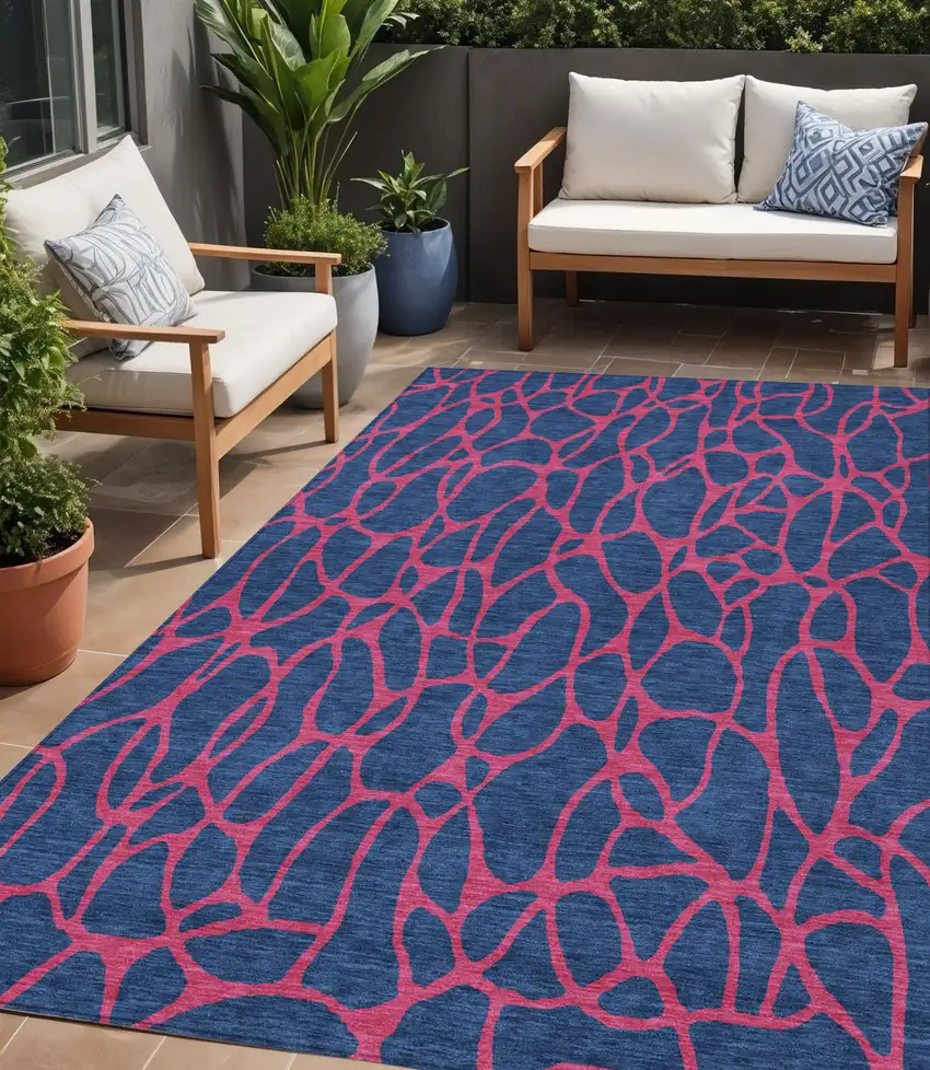 Navy Blue And Dark Pink Geometric Washable Indoor Outdoor Area Rug Photo 1