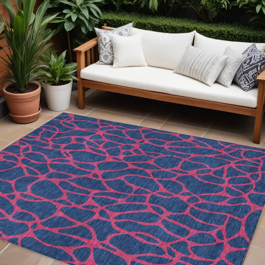 Navy Blue And Dark Pink Geometric Washable Indoor Outdoor Area Rug Photo 1