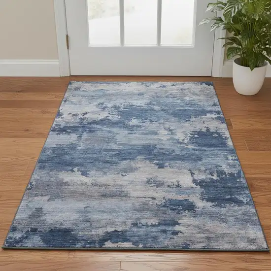 Navy Blue And Denim Blue Abstract Washable Area Rug With UV Protection Photo 2