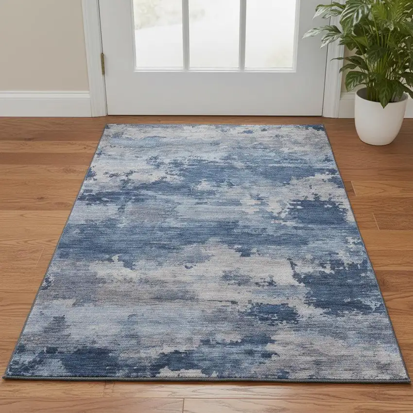 Navy Blue And Denim Blue Abstract Washable Area Rug With UV Protection Photo 2